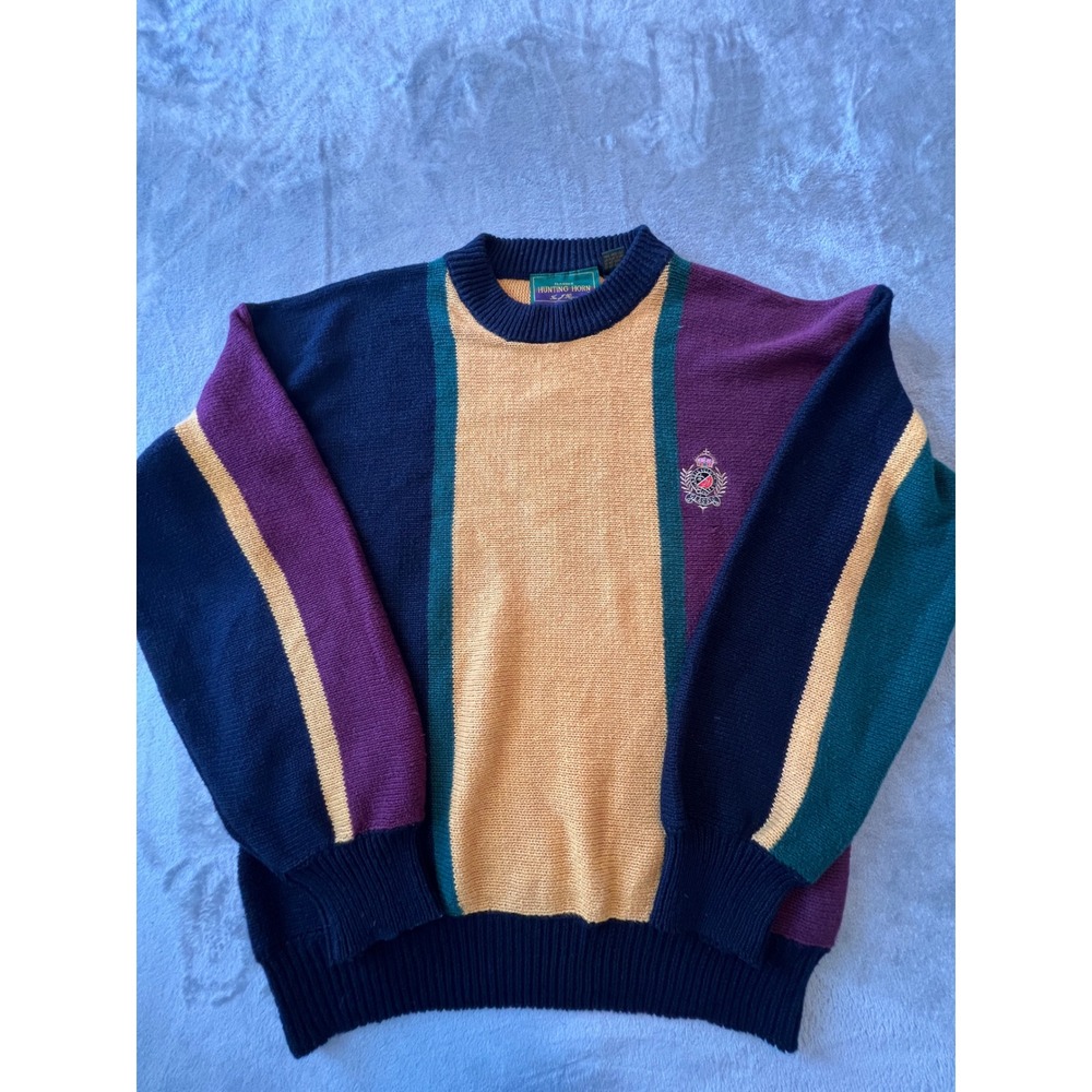 Hunting Horn Sweater Mens Medium Multicolor Colorblock Crest Ramie Cotton Knit
